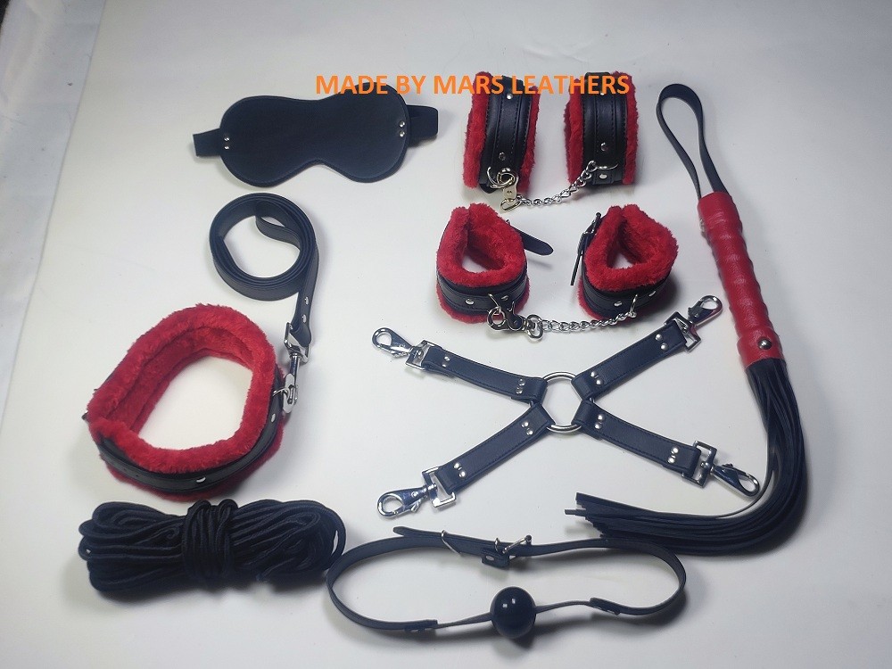 LEATHER BONDAGE BDSM KIT BLACK-RED