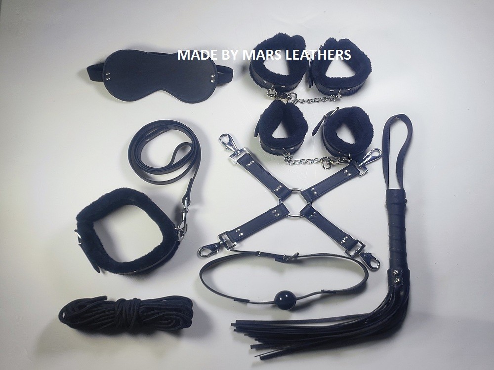 BLACK LEATHER BONDAGE BDSM KIT 8-ITEM